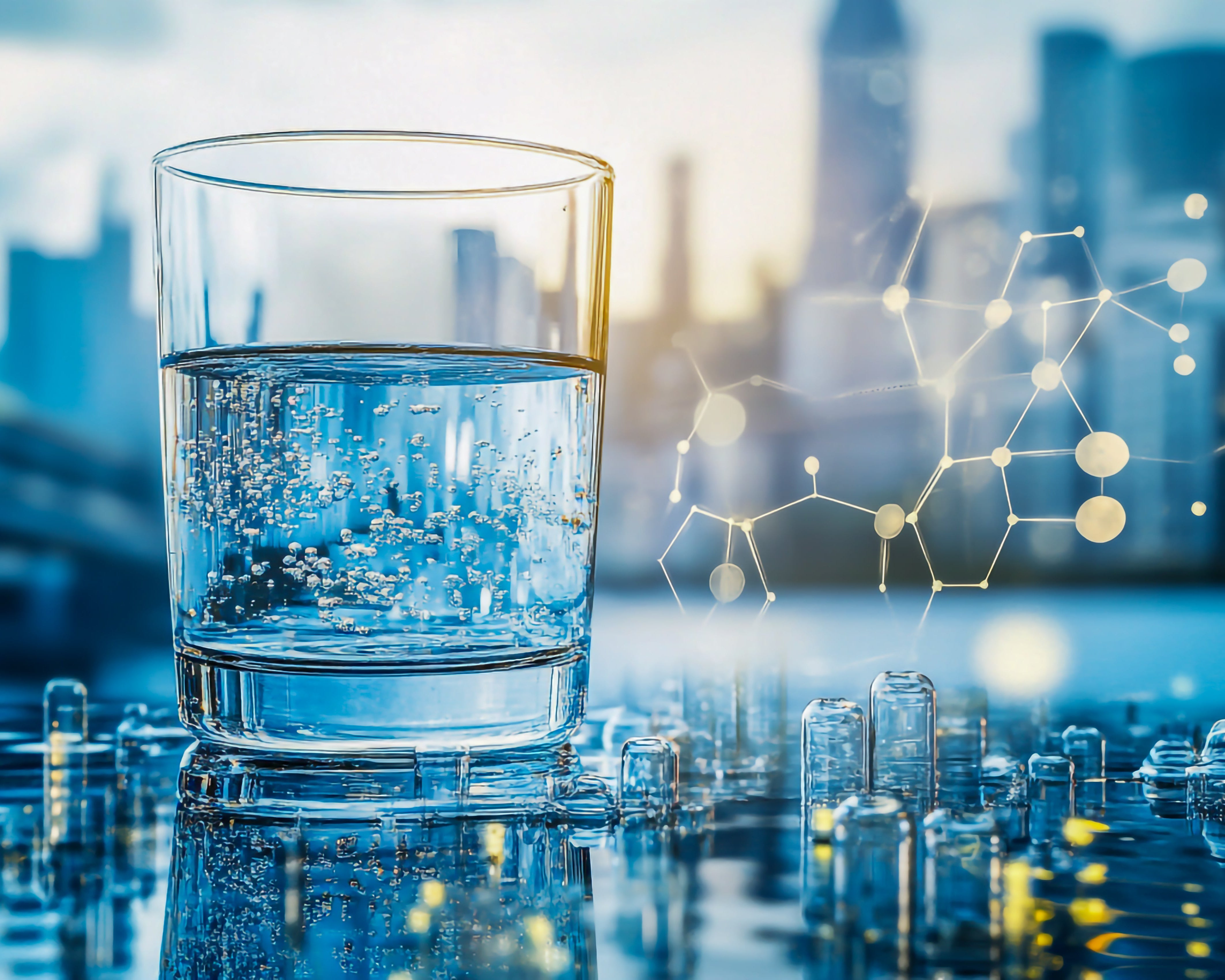Glass of water with blurred cityscape and molecular structure in the background