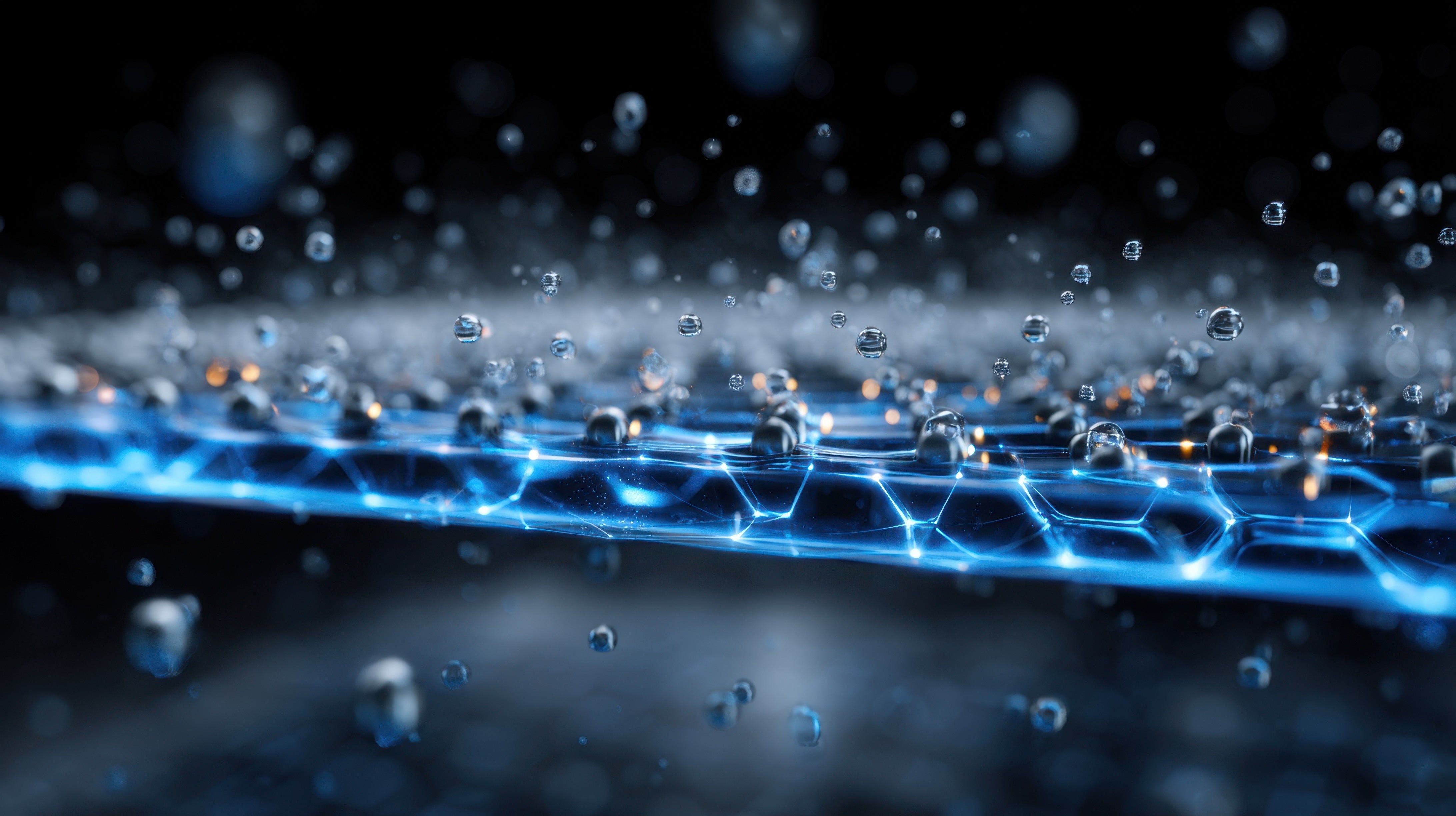 Blue glowing lines on a dark background with water droplets. neotap filtration