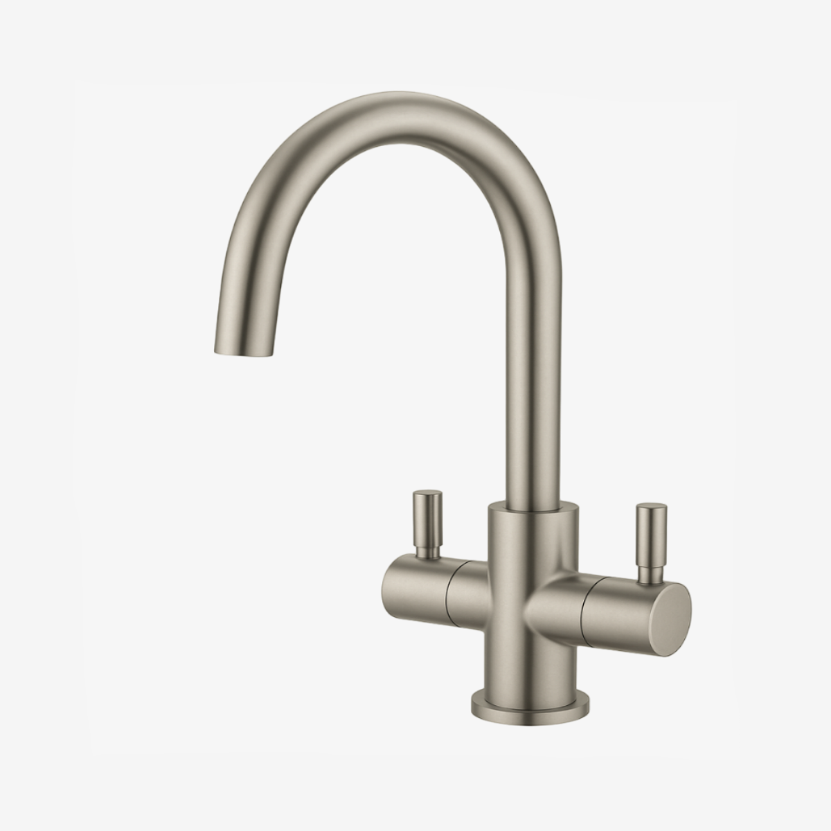 A modern single-handle kitchen faucet with a curved gooseneck spout and two separate lever handles, finished in a brushed metallic oil-rubbed bronze finish against a plain white background.