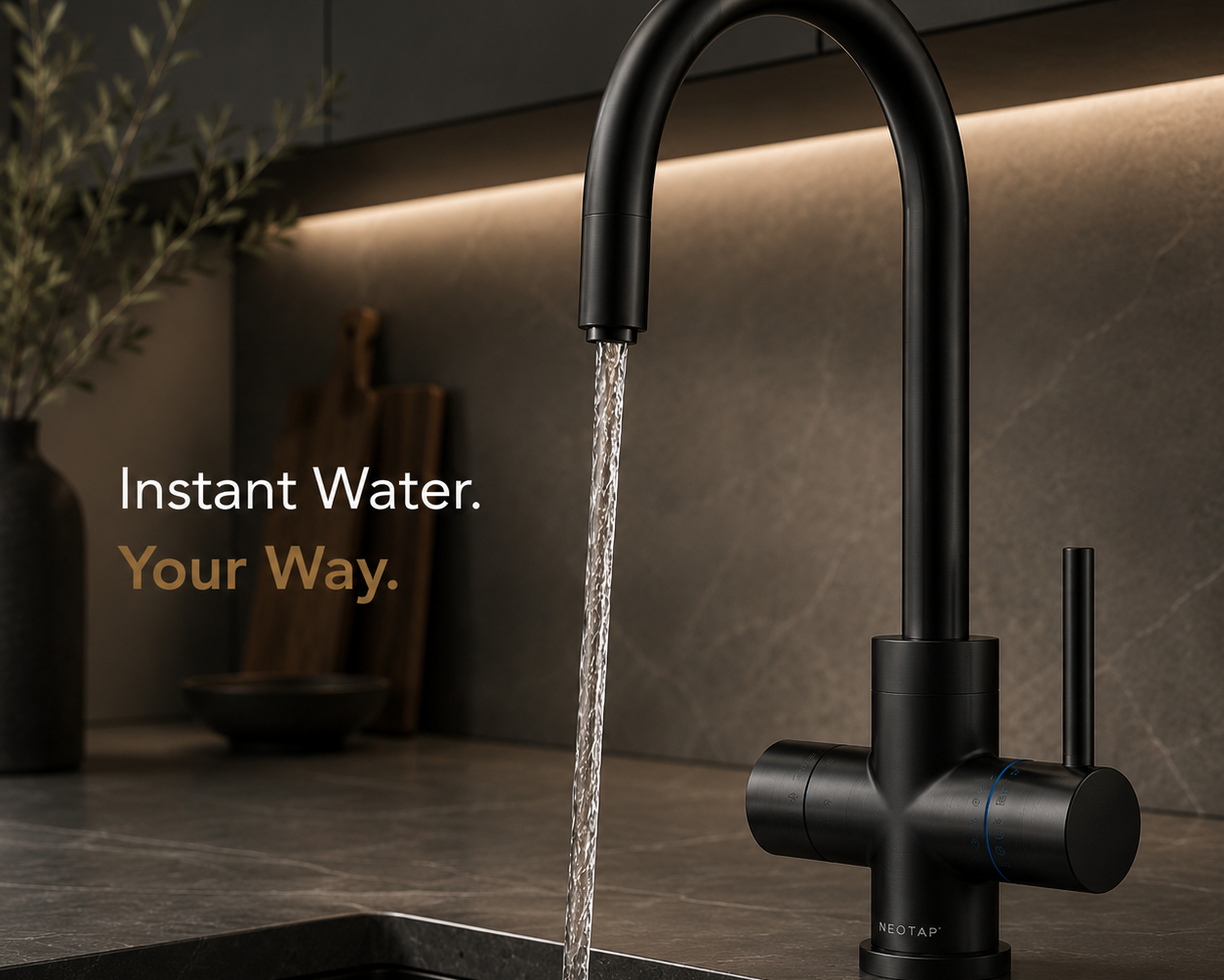 Black faucet with water flowing into a sink in a kitchen setting. neotap multi