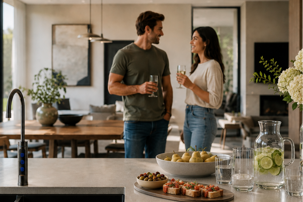 Man and woman standing in a modern kitchen with a dining area in the background