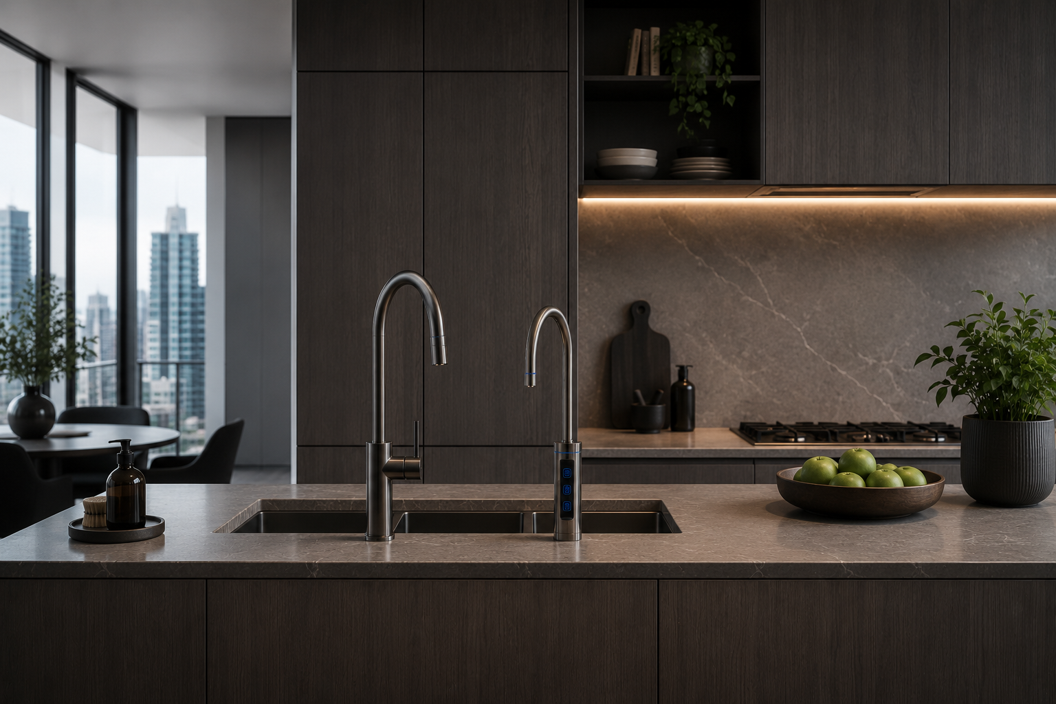 Modern kitchen with dark wood cabinets and a large window view.
