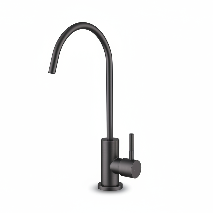 A modern single-handle kitchen faucet with a tall, curved gooseneck spout and a separate lever handle, finished in a matte black or very dark charcoal color, shown on a plain white background.