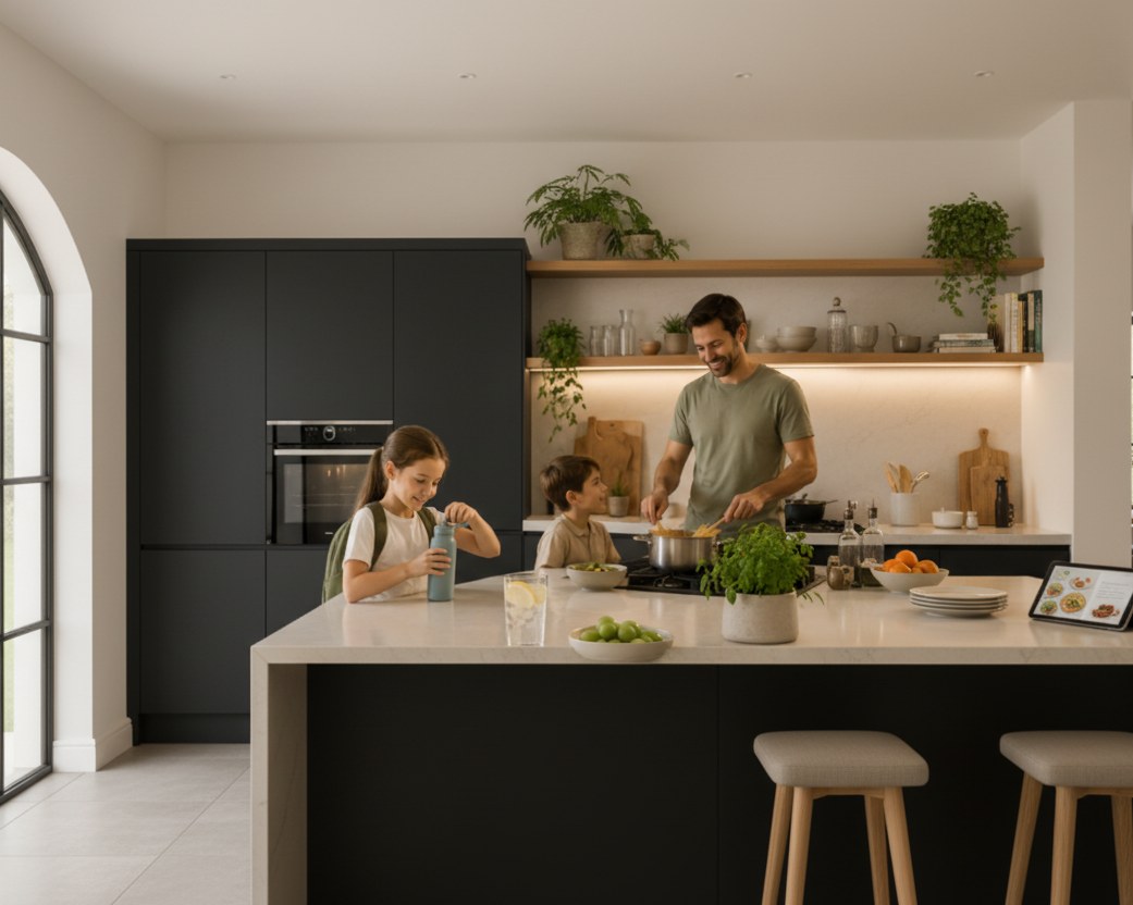 Family in a kitchen preparing food with a focus on health and sustainability. neotap
