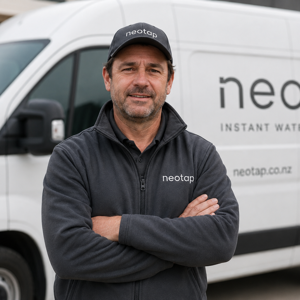 Man standing in front of a white van with 'neotap' branding