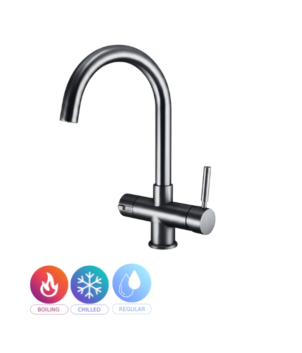 A modern single-handle kitchen faucet with a matte dark gray finish, featuring a curved gooseneck spout and a vertical lever handle. Three circular icons at the bottom indicate boiling, chilled, and regular water modes.