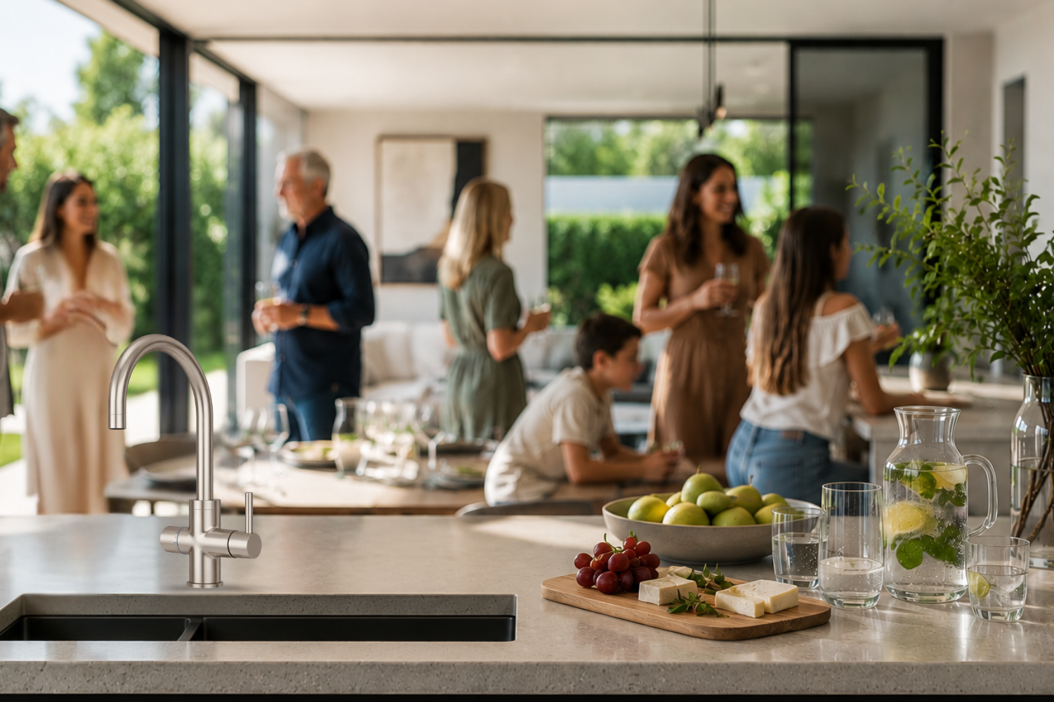 Family gathering in a modern kitchen with people interacting and food on the counter. neotap multi