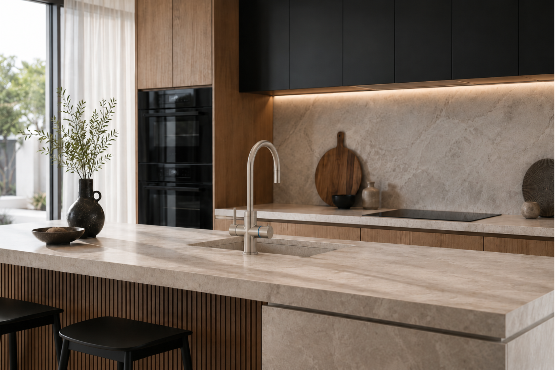 Modern kitchen with marble countertops, black appliances, and wooden cabinets. neotap multi