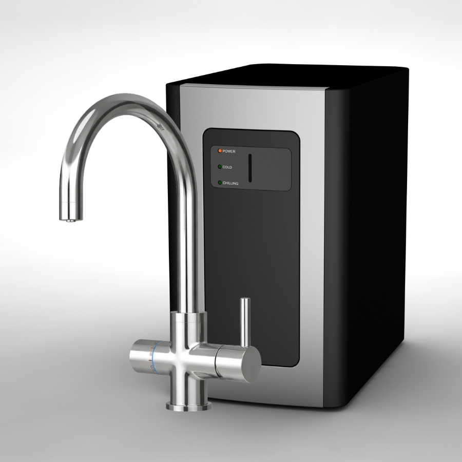 Modern kitchen water dispenser with a metallic faucet on a light gray background. neotap