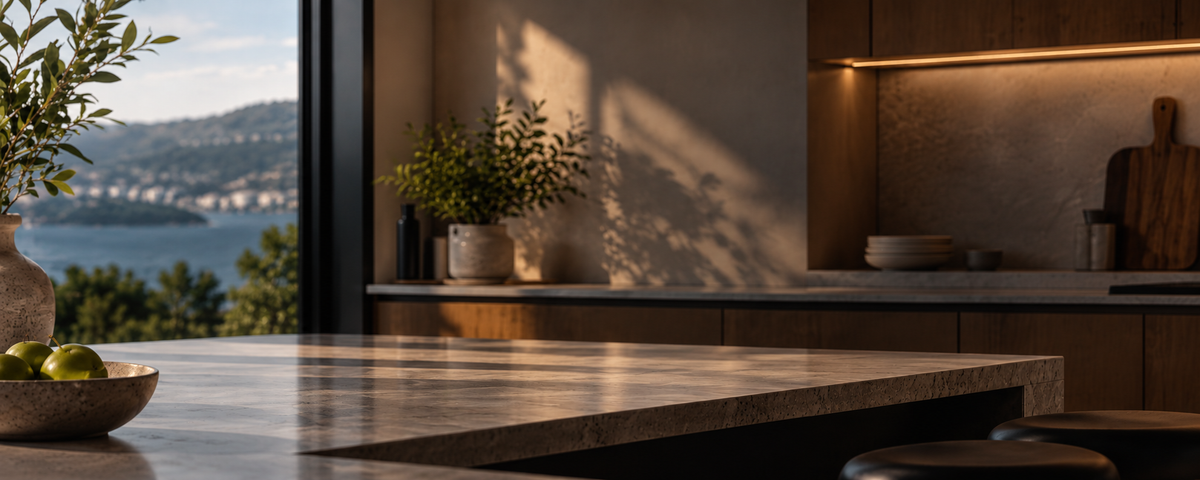 A modern kitchen interior with a large stone countertop in the foreground, warm wood cabinetry, potted plants, and a window overlooking water and hills. No person or animal is present, but this is still a real environment rather than a clean studio product shot, so subject_type is Lifestyle.