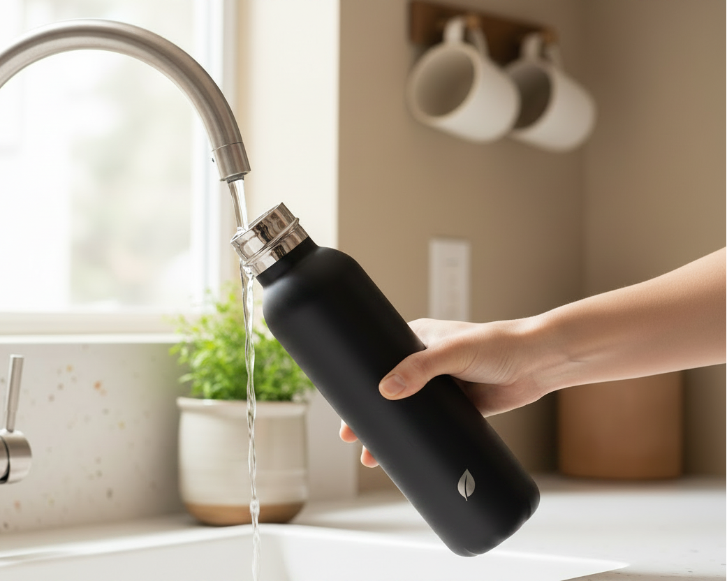 Person filling a black water bottle with water from a kitchen faucet.