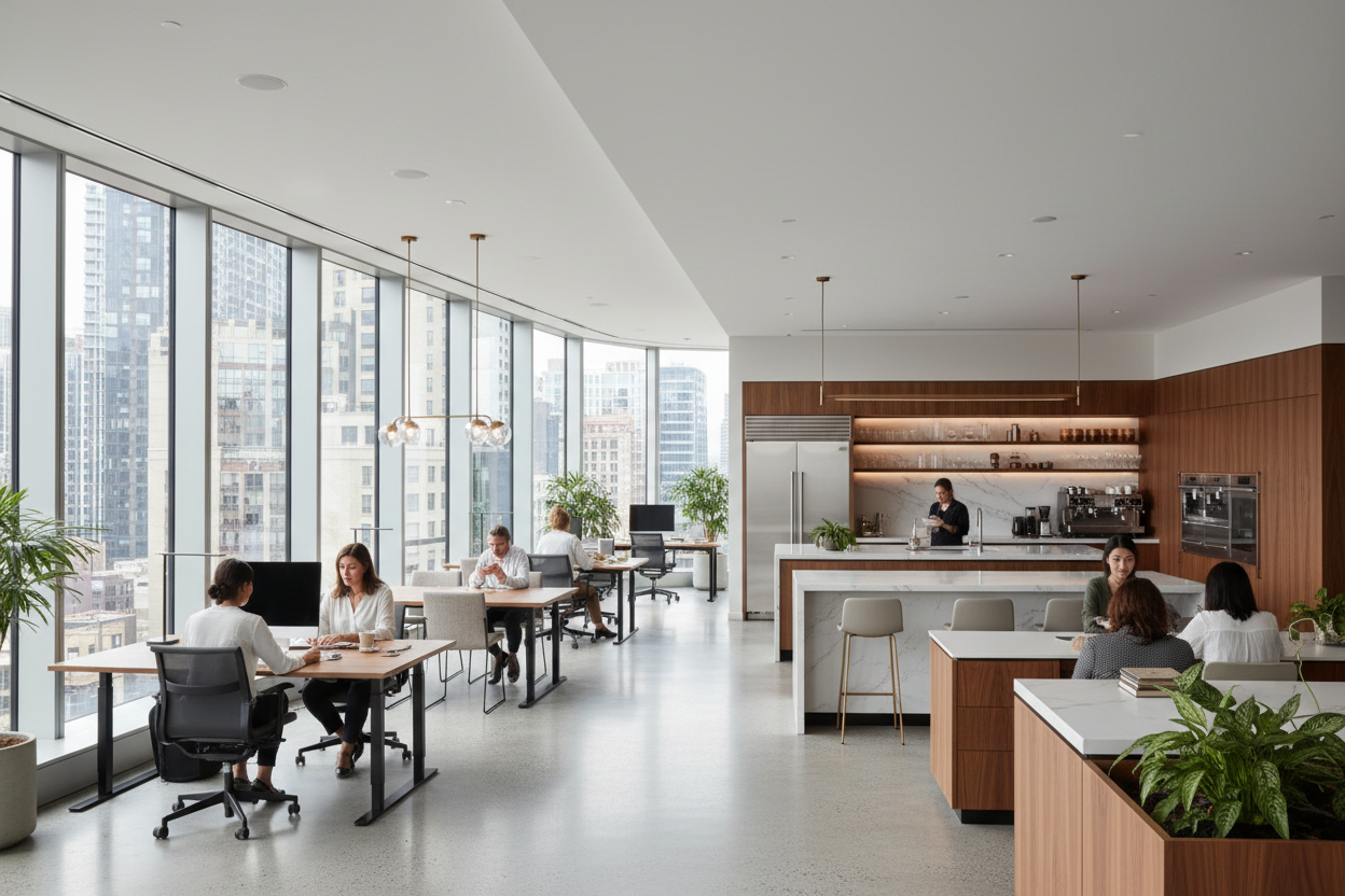 Modern office space with employees working at desks and a kitchen area.