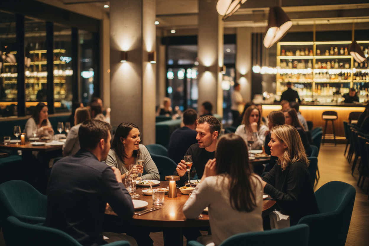 People dining at a restaurant with warm lighting and decor.