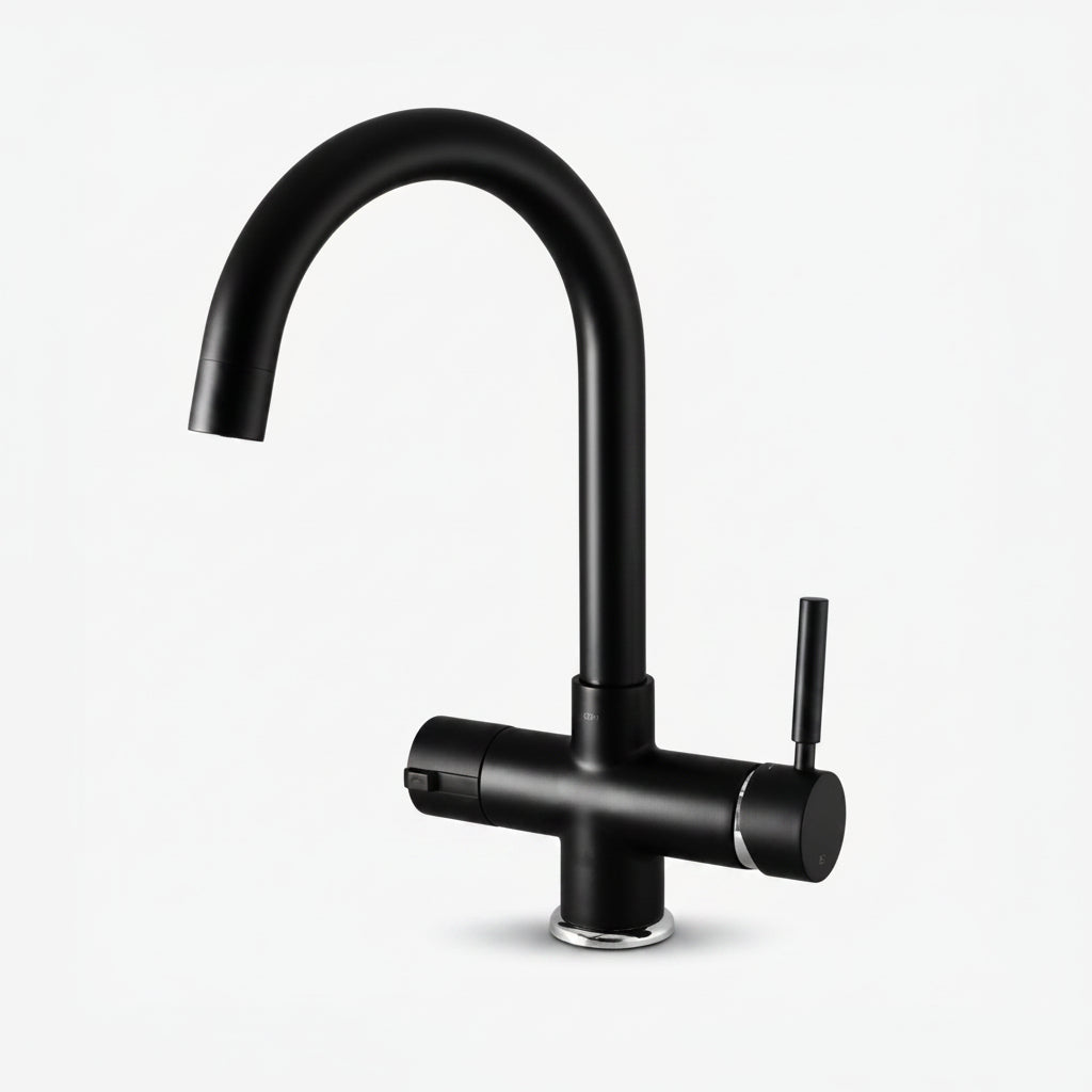 A matte black modern kitchen faucet with a high-arc spout and a side lever handle, shown against a plain light gray background.