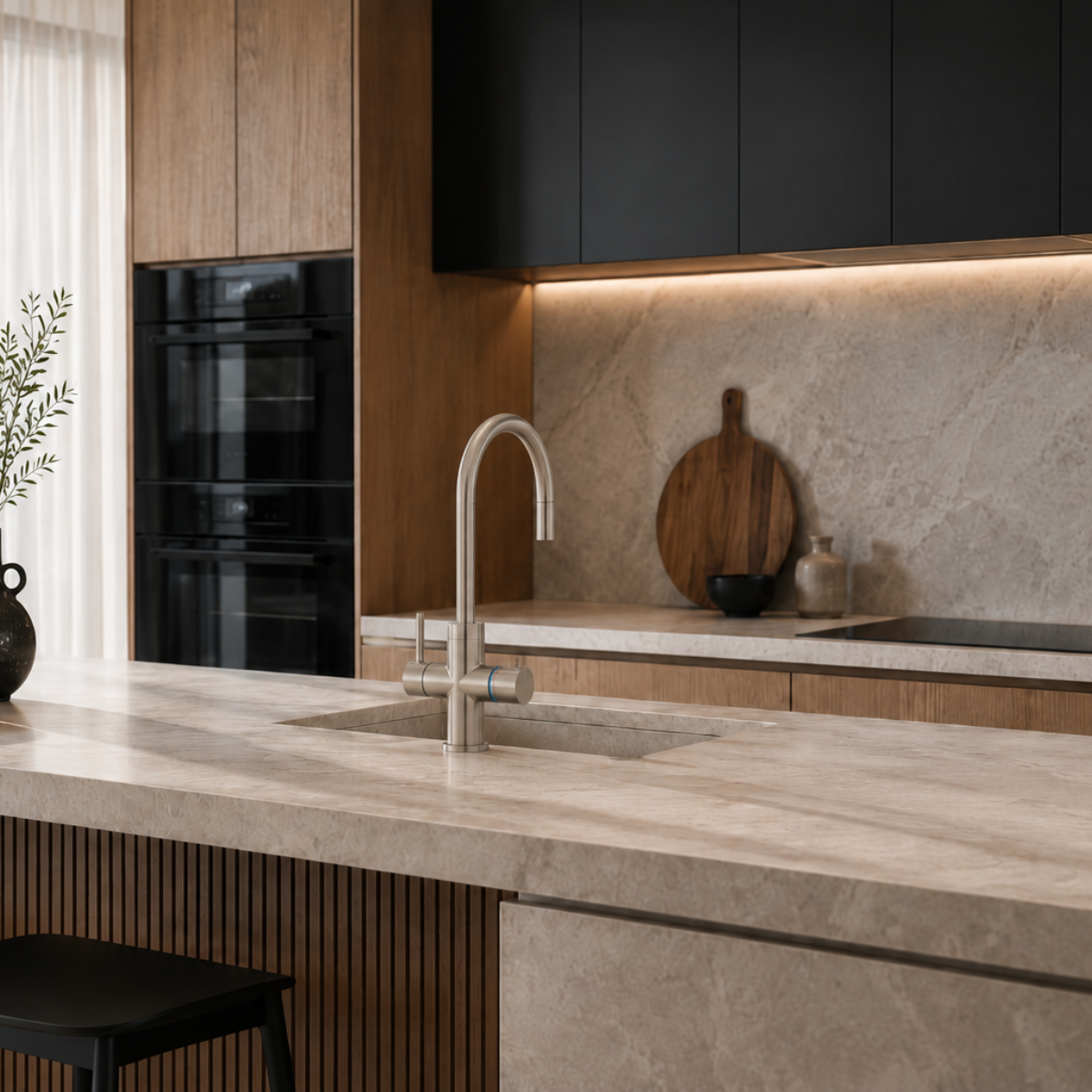 Modern kitchen with marble countertop, sink, and black appliances.