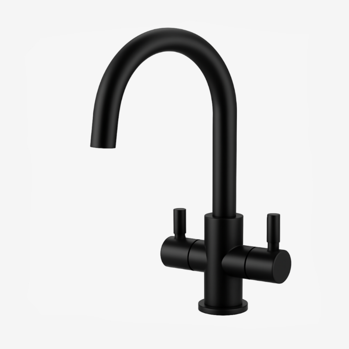 A matte black three-hole kitchen faucet with a high-arc spout and two separate lever handles, shown against a plain light gray background.