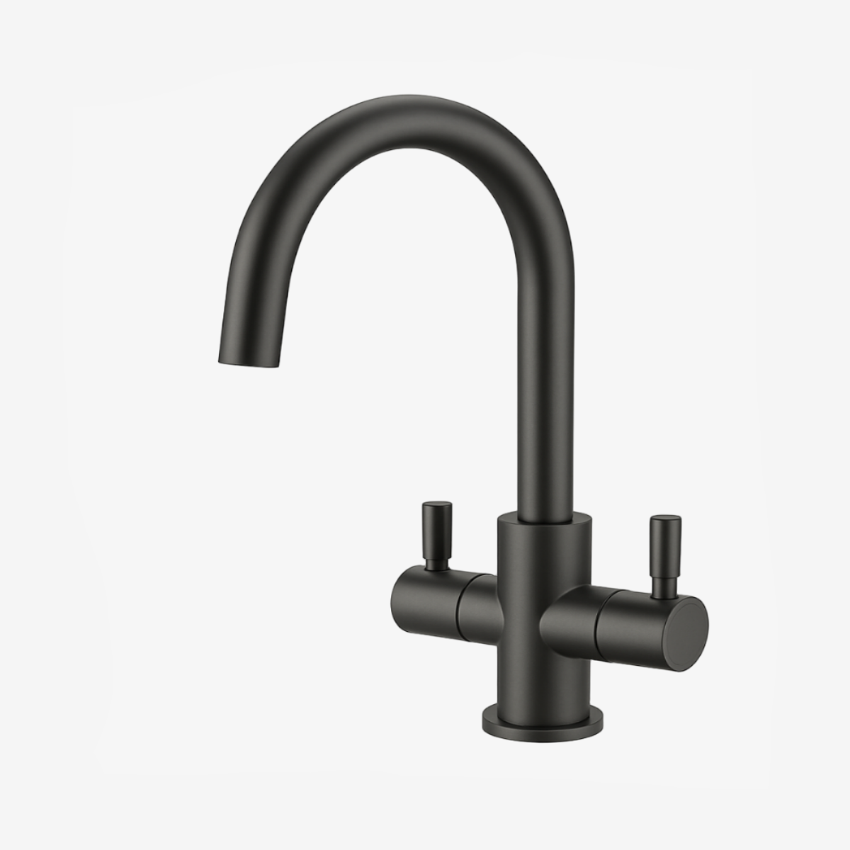 Matte black two-handle kitchen faucet with a high-arc spout and cylindrical lever handles, shown on a light gray background.