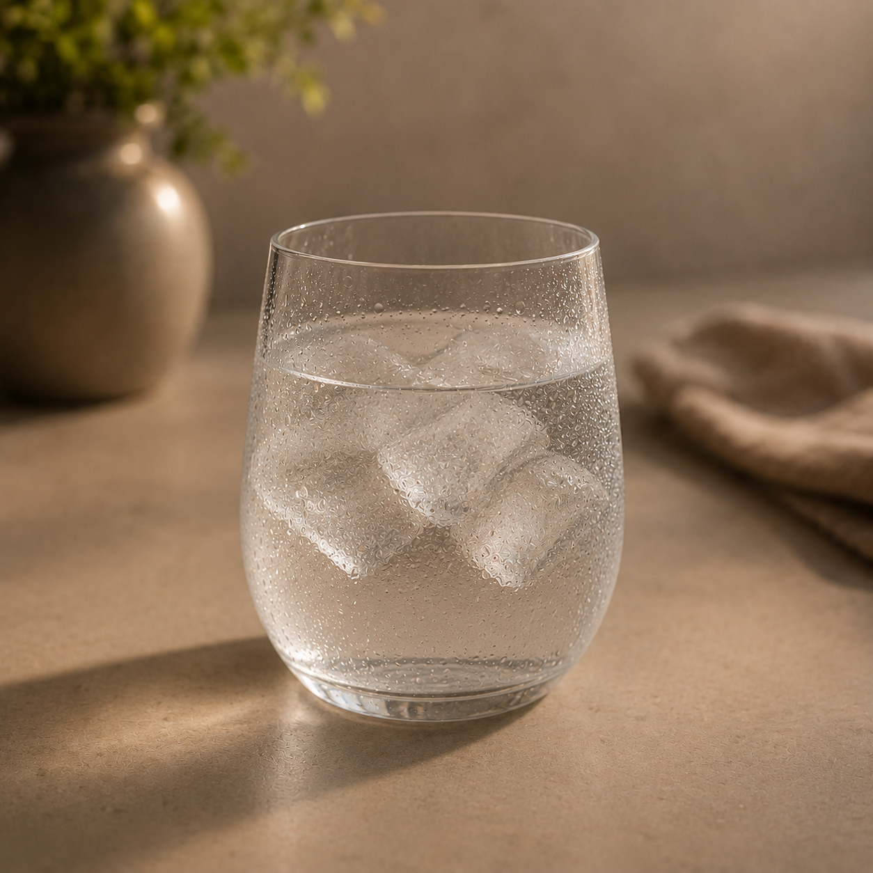 Clear glass of water with ice cubes on a wooden surface with a plant and cloth in the background