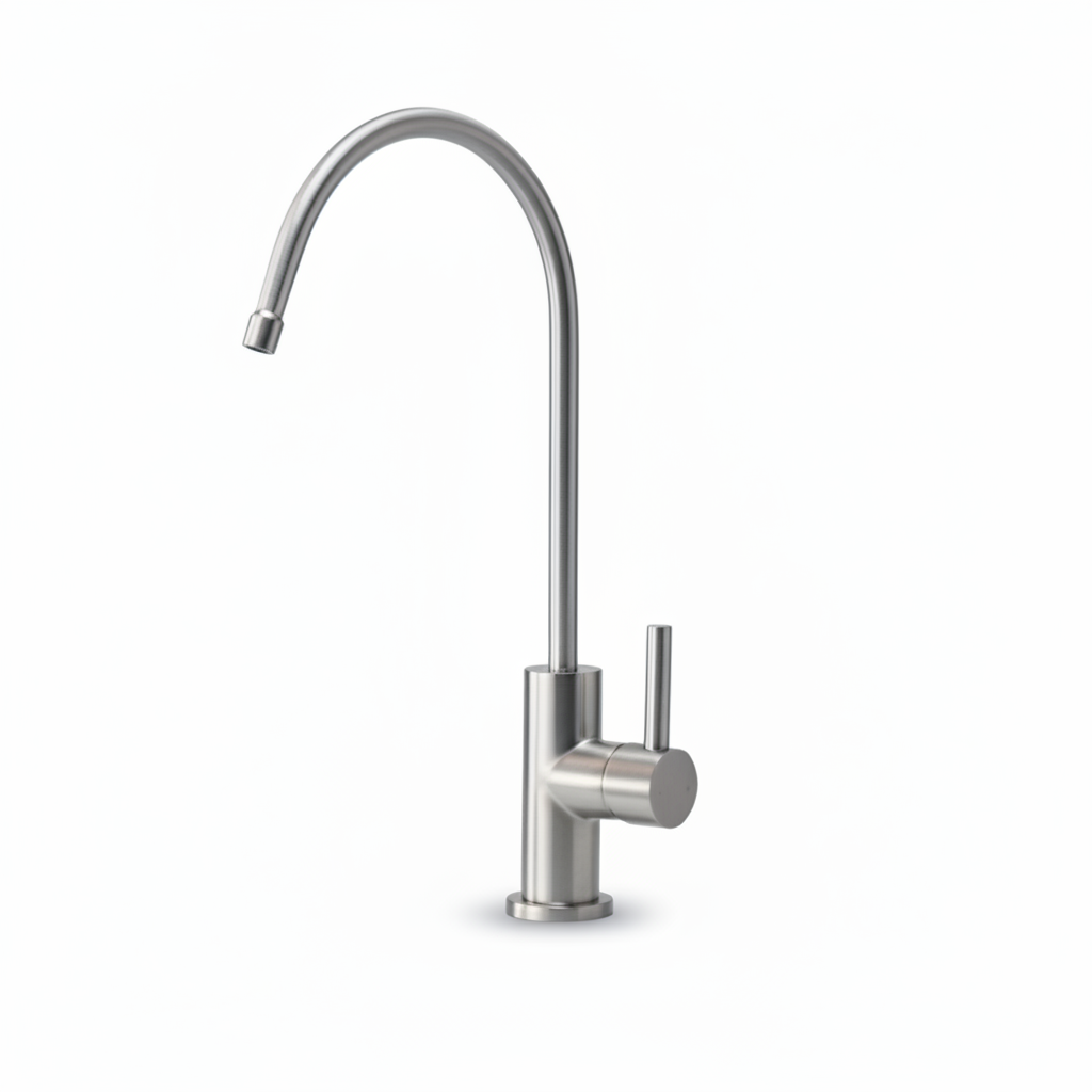 A modern single-handle kitchen faucet with a curved high-arc spout and a vertical lever handle, finished in brushed stainless steel, shown on a plain white background.