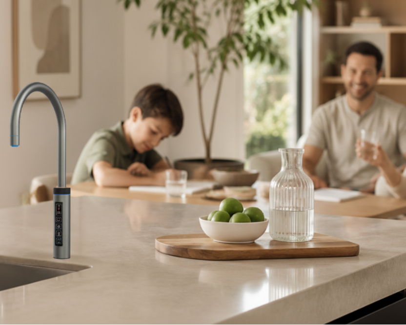 Family in a modern kitchen with a child at the counter. neotap touch