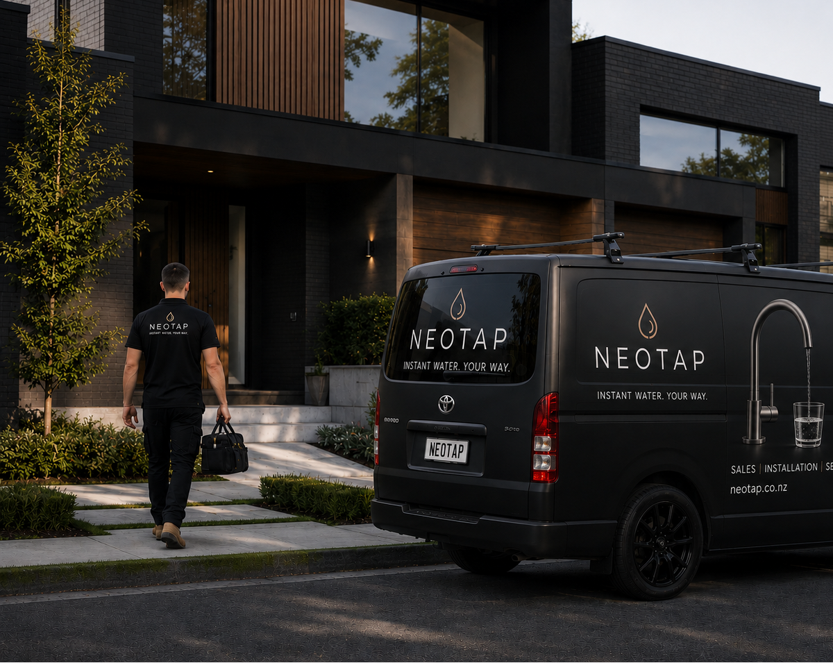 Black van with NEOTAP branding parked in front of a modern building.