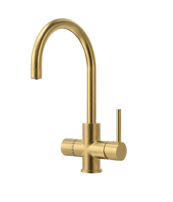 A modern high-arc kitchen faucet in a brushed brass/gold finish, featuring a single lever handle and cross-handle controls, shown on a solid white background.