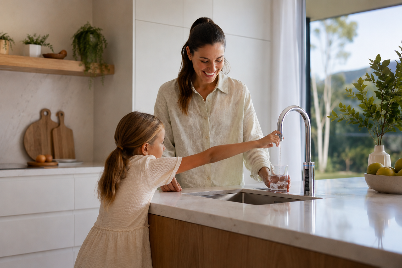 Woman and young girl in a modern kitchen interacting near the sink.