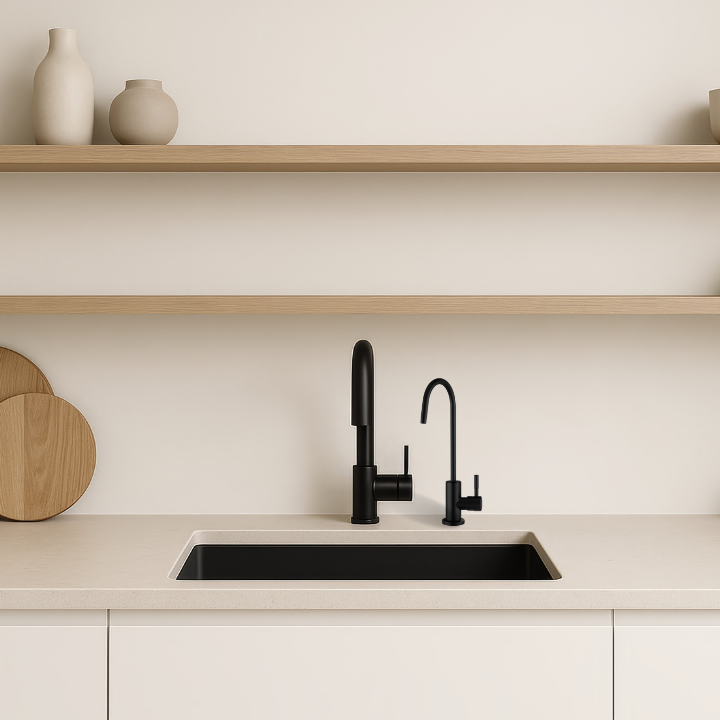 Modern kitchen sink setup with a matte black gooseneck faucet and a secondary black water filter on a light beige countertop, set against a warm beige wall with wooden shelves and vases.