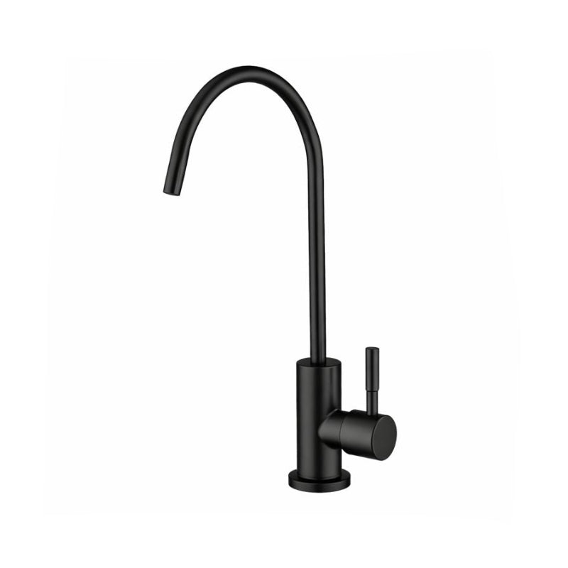 A modern single-handle kitchen faucet with a tall, curved gooseneck spout and a separate side lever handle, finished in matte black on a solid white background.