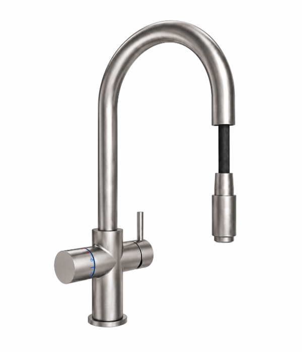 A modern single-handle kitchen faucet with a high-arc gooseneck spout and a pull-out spray head, finished in brushed stainless steel with a small blue temperature indicator ring.