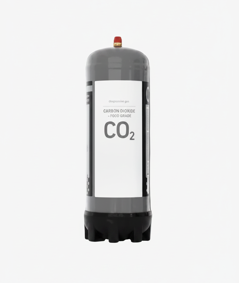CO2 tank with a white label on a light gray background