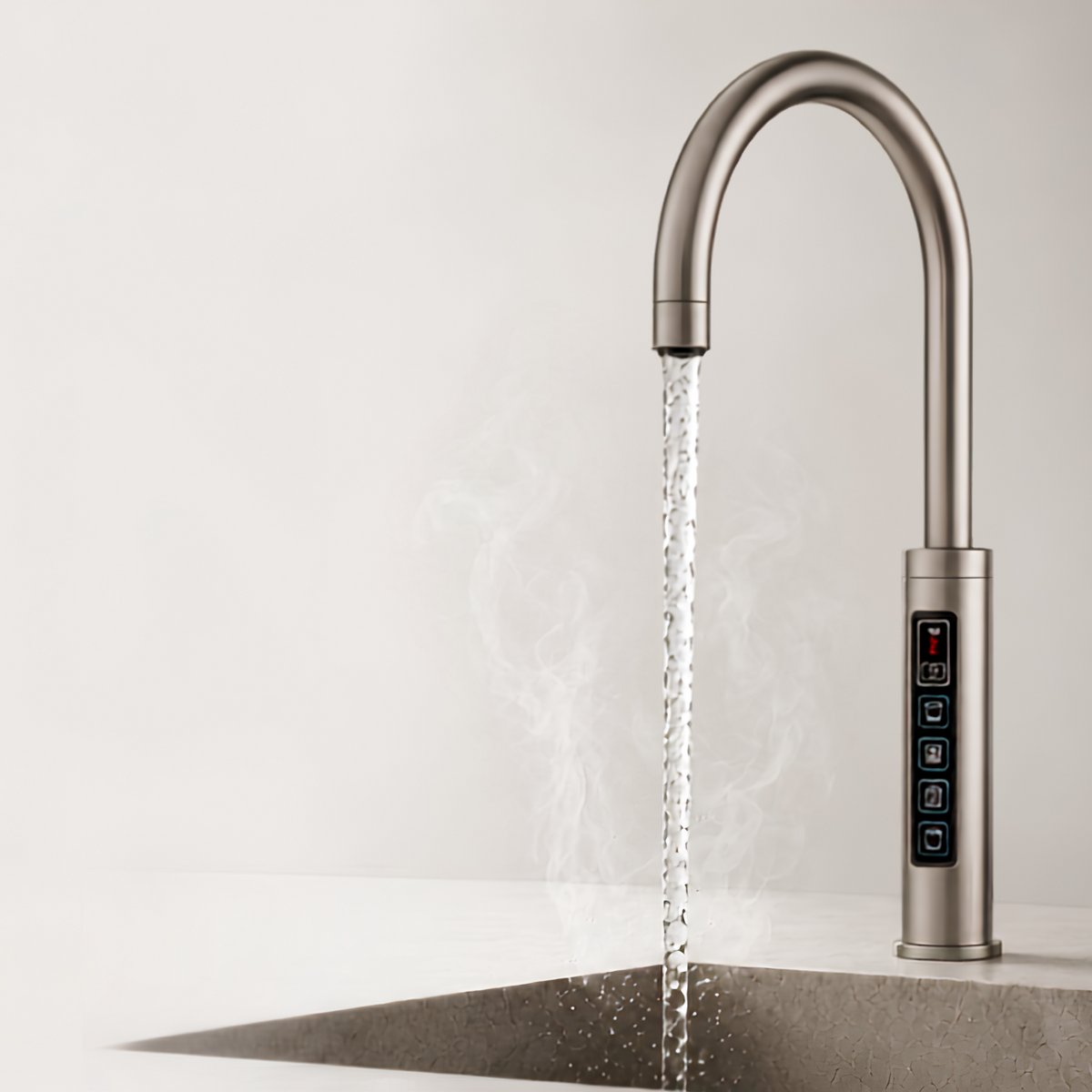 A modern curved stainless steel kitchen faucet with running water and a digital display on the side, installed in a sink against a light beige background.