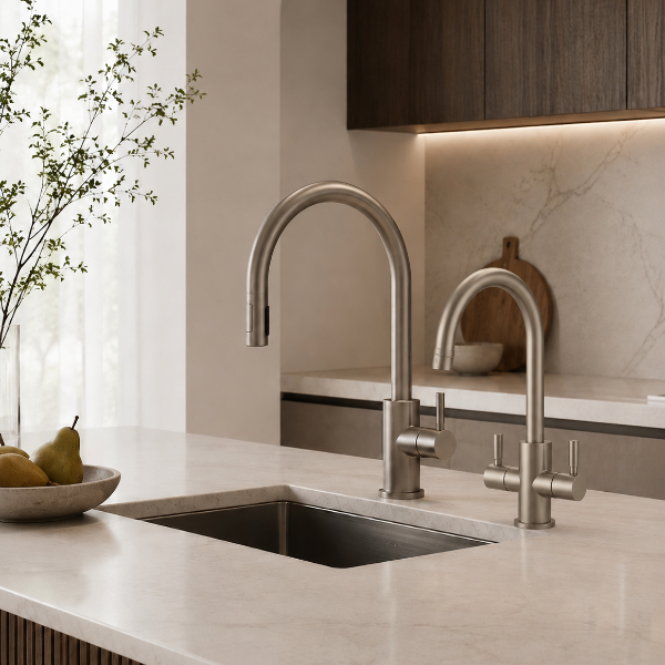 A modern kitchen scene featuring a brushed nickel double faucet set with a high-arc main faucet and a secondary cold water faucet mounted on a white marble countertop with a dark inset sink.