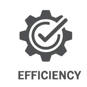 Icon of a gear with a check mark inside, labeled 'Efficiency' on a white background