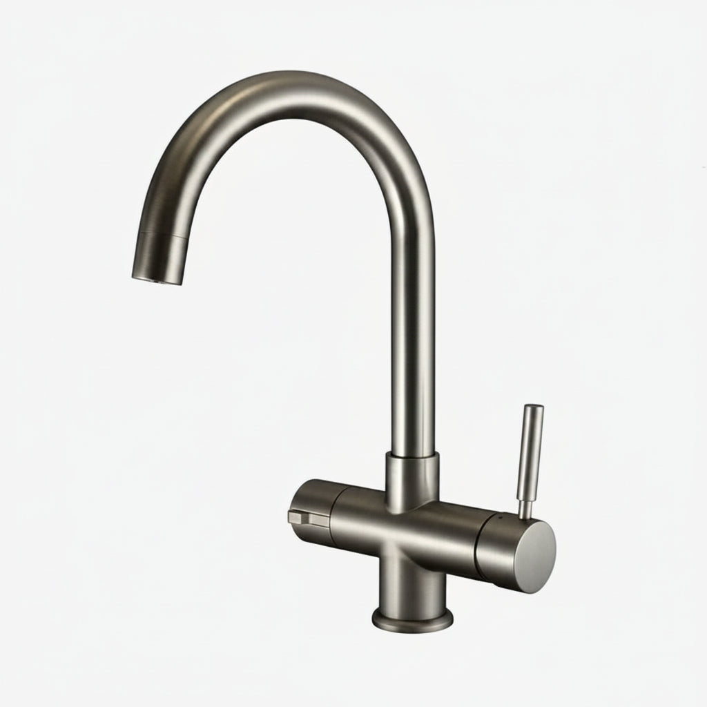 A modern single-handle kitchen faucet with a curved gooseneck spout and a side lever handle, finished in brushed stainless steel, shown against a plain light gray background.