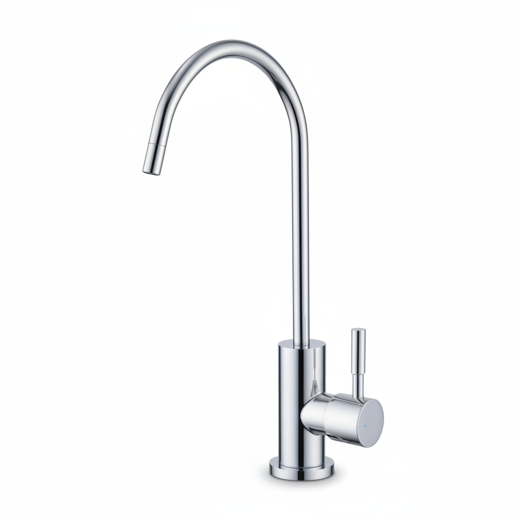 A modern high-arc stainless steel water filter faucet with a single lever handle, shown on a plain white background with two small circular icons at the bottom left indicating cold and warm water output.