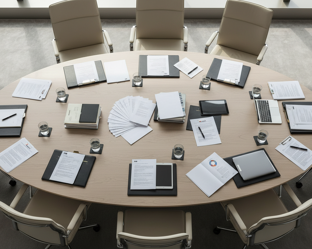 Round conference table with documents and chairs in a meeting room. neotap commercial